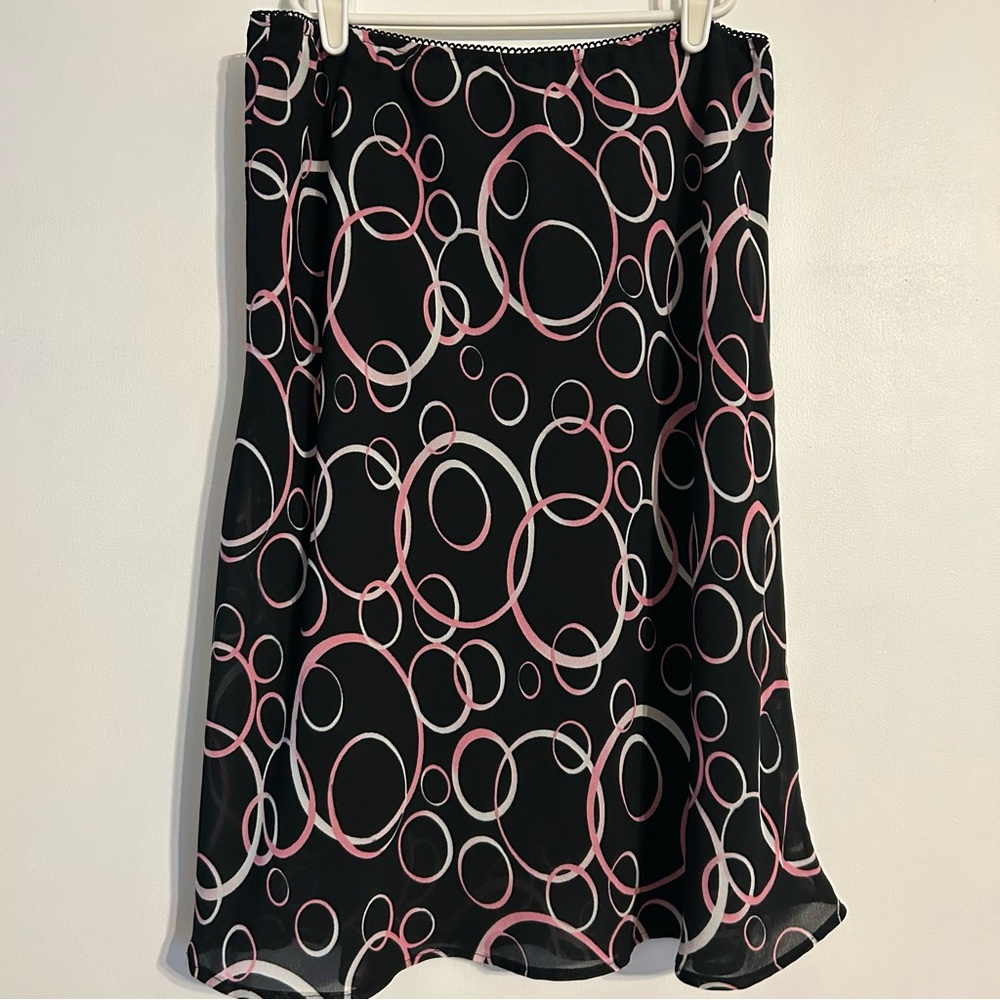 George Black Skirt with Pink and White Circle Design Elastic Waist Lined Size 14